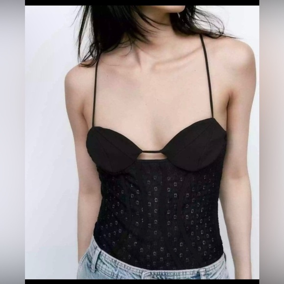 Zara Black peek a boo sheer mesh Lace Bodysuit Size small brand‎ new - Picture 1 of 10